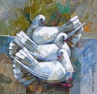 Iqbal Durrani, Togetherness, 18 x 18 Inch, Oil on Canvas, Pigeon Painting, AC-IQD-210